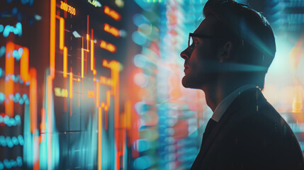 Reflective man amid financial data projections engages with the future of markets.