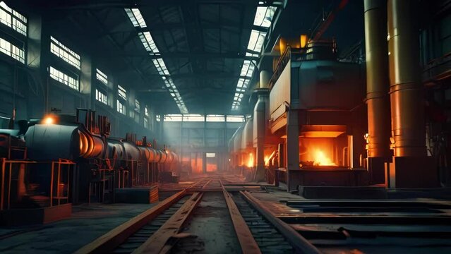 Large empty forge shop of factory with open flame, push-in shot. Hot-fire furnaces for processing parts in metallurgical plant.