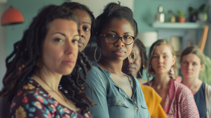 Obraz premium A diverse group of women stands together, exuding unity and determination.