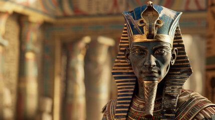 Majestic bust of Pharaoh with a dramatic backdrop of ancient Egyptian hieroglyphs.