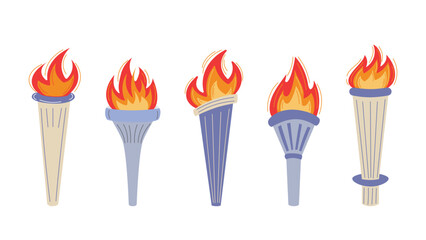 Vector set of olympic torches with burning. Symbols of relay race, competition victory, champion or winner in flat cartoon style.