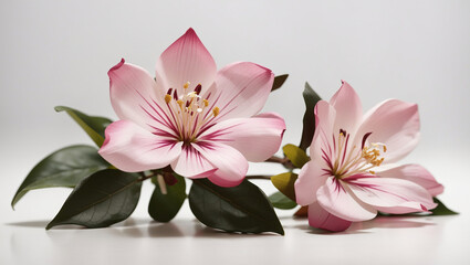 A close-up image of a light pink flower with dark pink and yellow stamen, and dark green leaves with light green veins.

