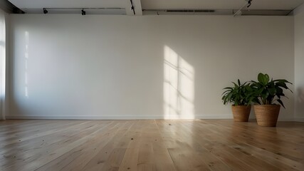 White, empty space with plants and a hardwood floor.