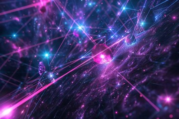 Fototapeta premium Create a futuristic holographic projection of alien communication device Illustrate an intricate network of pulsating light beams connecting different galaxies in space