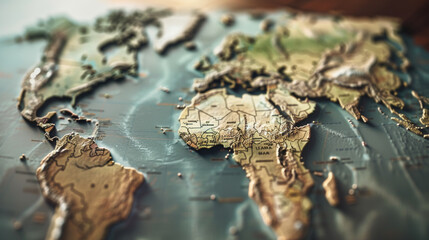 A topographic map accentuating the continents enhanced with relief shading.