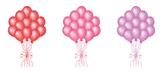 Set of bundles of pastel pink and red balloons. Elegant, aesthetic, stylish Balloons with ribbons isolated on transparent background. Flying helium ball illustration