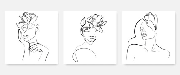 One Line Drawing Wall Art Prints Set with Female Portrait and Flowers. Modern Trendy Single Line Art Poster Set, Aesthetic Contour Minimal Style. Perfect for Home Wall Décor, Bag or T-shirt Des