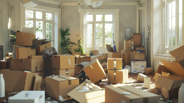 A chaotic room filled with moving boxes, symbolizing transition and the messiness of change.