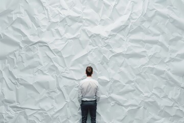 Man standing against crumpled white paper background contemplating deeply