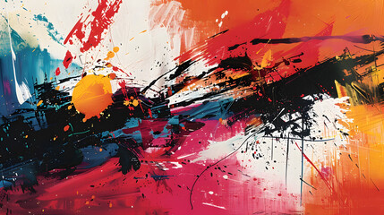 An abstract background with a chaotic mix of brush strokes and splatters. Use a variety of colors and brush techniques to form a dynamic, energetic composition that captures the spontaneity