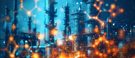 Advanced chemical plant technology close up, focus on, copy space, vibrant colors, Double exposure silhouette with molecular structures