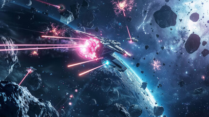 Intense space battle scene with futuristic spaceships and explosive effects among asteroids.
