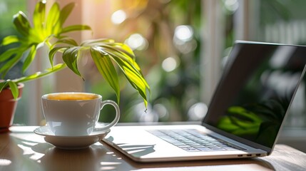 workspace with laptop and cup of coffee on wooden table near the window