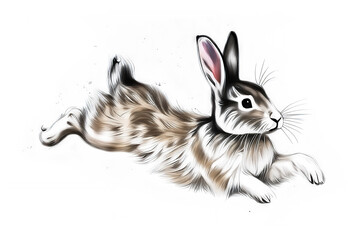 アナログタッチ、手描き風の走る可愛いウサギ側面、野兎のイラスト　卯年　年賀状素材　AI生成画像　