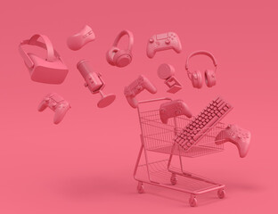 Flying gamer gears like mouse, keyboard, joystick, headset, VR on monochrome