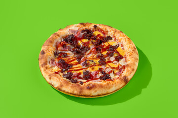 Meaty American pizza with thick crust, featuring sausage, bacon, and marbled beef on a bright green minimalist background. Side view, perfect for modern food photography, takeout, or casual dining