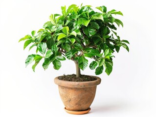 Potted indoor plant with lush green leaves in a brown ceramic pot, isolated on a white background, ideal for home decor and gardening concepts.