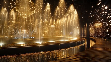 A catwalk loops around a massive, lit water fountain, creating a mesmerizing and enchanting display.