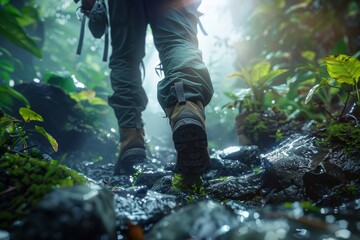 Hiker walking through a lush, misty forest trail, wearing gear and boots, with sunlight filtering through the trees and vivid greenery.