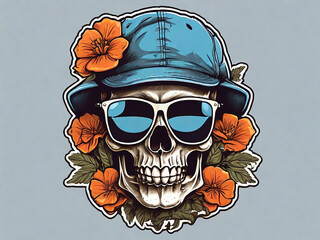 Man skull with sunglasses and cap with flower t-shirt sticker design