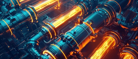 High-angle view of a futuristic power plant at night, intricate network of glowing neon lines, cutting-edge technology, CG 3D rendering, dramatic shadows, sci-fi aesthetic