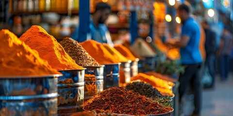 Bustling spice market under warm sunlight is vibrant with shoppers and vendors. Concept Market Dynamics, Warm Lighting, Vendor Interactions, Colorful Displays, Authentic Culture