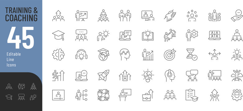 
Training and Coaching Line Editable Icons set. Vector illustration in modern thin line style of education related icons: skills, lector, advise, support, and other. 