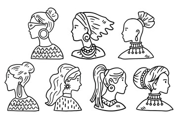 A set of drawings of women with different hairstyles and accessories