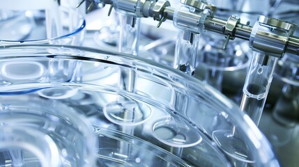 Close-up of bioreactor with stirring cell culture, dynamic swirls, detailed focus 