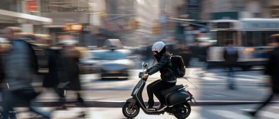Dynamic urban scene with motion-blurred scooter rider.