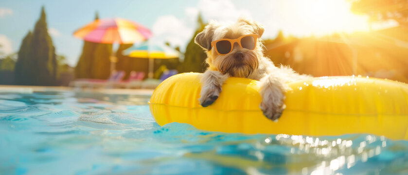 Charming dog in sunglasses floats on a pool raft at sunset.
