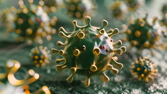 bunch of viruses are floating in the air. The viruses are brown and have a fuzzy appearance, Group of virus cells. 3D illustration, Coronavirus cells