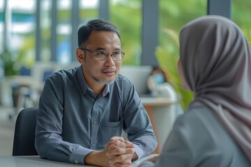 a malay business man consulting a client women wearing hijab, in the office with background text MGSA