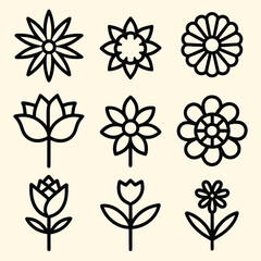 Set of Solid black outline Flower vector line icon design