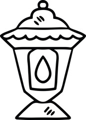 A black and white drawing of a lantern with a lit candle inside