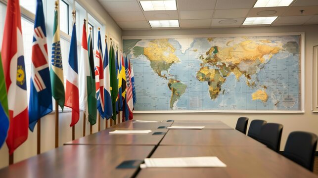 International studies faculty displays global flags and a map, fostering cultural diversity and awareness. - Powered by Adobe