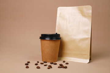 Disposable Food And Drink Packaging Set And Coffee Beans For Mock Up Over Beige Background