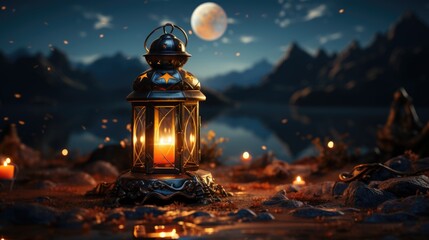 Lanterns stands in the desert at night sky, lantern islamic Mosque, crescent moon Ramadan Kareem themed illustration background
