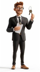 Fototapeta premium A man with a suit holding keys to a house and some papers with a smile, cinematic, isolated, clean white background,