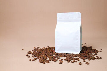 Front View Of Blank White Ziplock Packaging For Advertisement On Coffee Beans Over Beige Background 