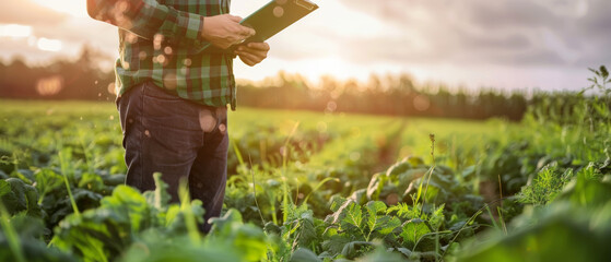 Sunset inspection on the farm, farmer with tablet among crops.