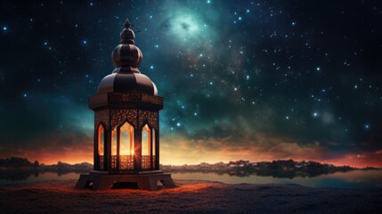 Fototapeta premium Lanterns stands in the desert at night sky, lantern islamic Mosque, crescent moon Ramadan Kareem themed illustration background
