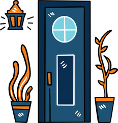 A door with a window and a picture on the wall