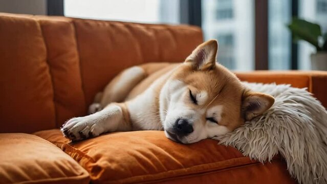 Cute Akita Inu dog sleeping on the sofa