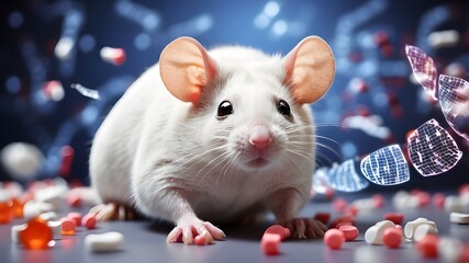 symptoms of generic medications, outcomes of novel medications tested on rats and white lab mice, details on DNA sequencing and genetic research, and a large banner containing data