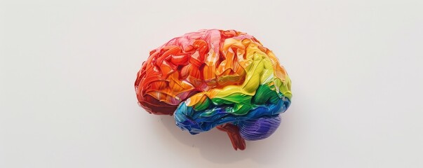 A vibrant colored human brain model isolated on a white background depicting creativity and cognition.