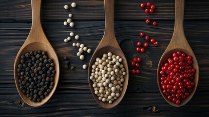 black, red and white peppercorns in wooden spoons on dark  wooden table background