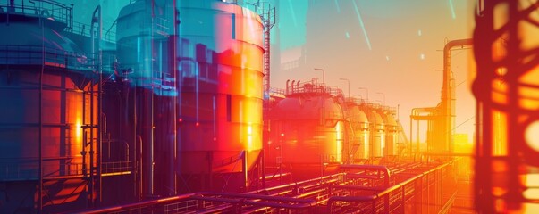 Chemical plant logistics close up, focus on, copy space, vibrant colors, Double exposure silhouette with storage tanks