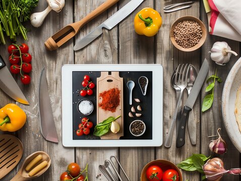 Tablet with a recipe blog open, surrounded by cooking utensils