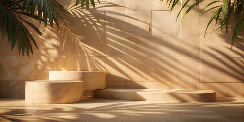 Sandstone Wall Leaf Shadows: A warm, sandy-toned wall and floor with leaf shadows, providing a natural and earthy backdrop for products.
